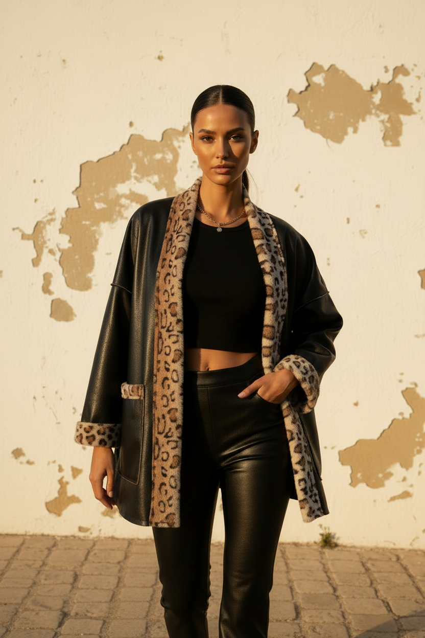 Wende-Blazer Schwarz-Seite – Model seitlich gehend