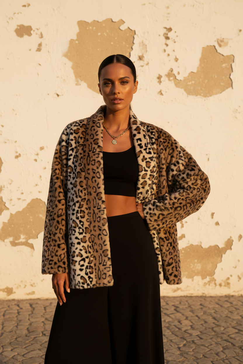 Wende-Blazer Schwarz-Seite offen – Innenseite Leo sichtbar