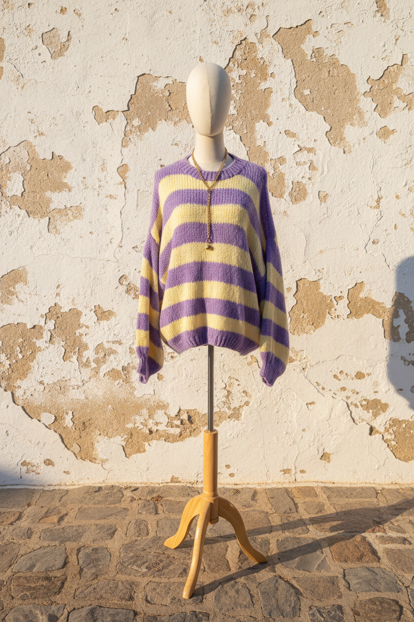 Oversized Pullover Lila Gelb – Model frontal, Arme verschränkt