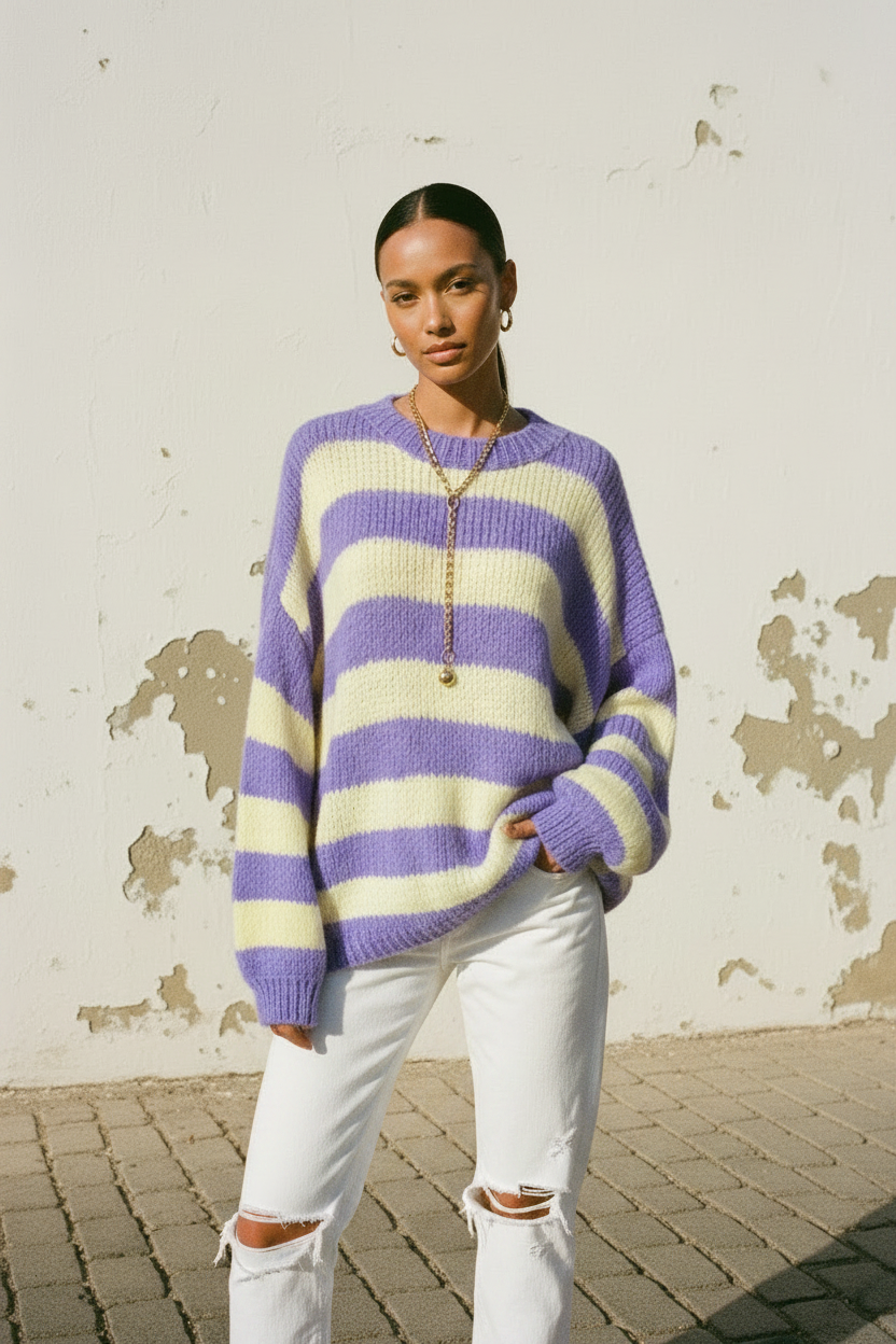 Oversized Pullover Lila Gelb – Model sitzend auf Treppe