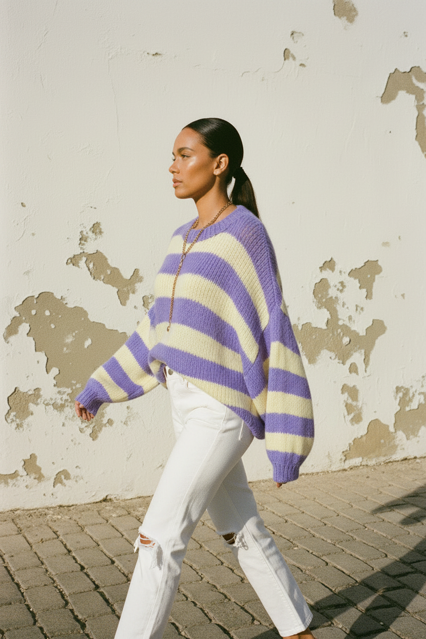 Oversized Pullover Lila Gelb – Model seitlich drehend, Haare fliegen