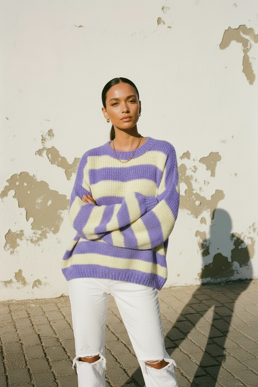 Oversized Pullover Lila Gelb – Model frontal, Gold-Kette sichtbar