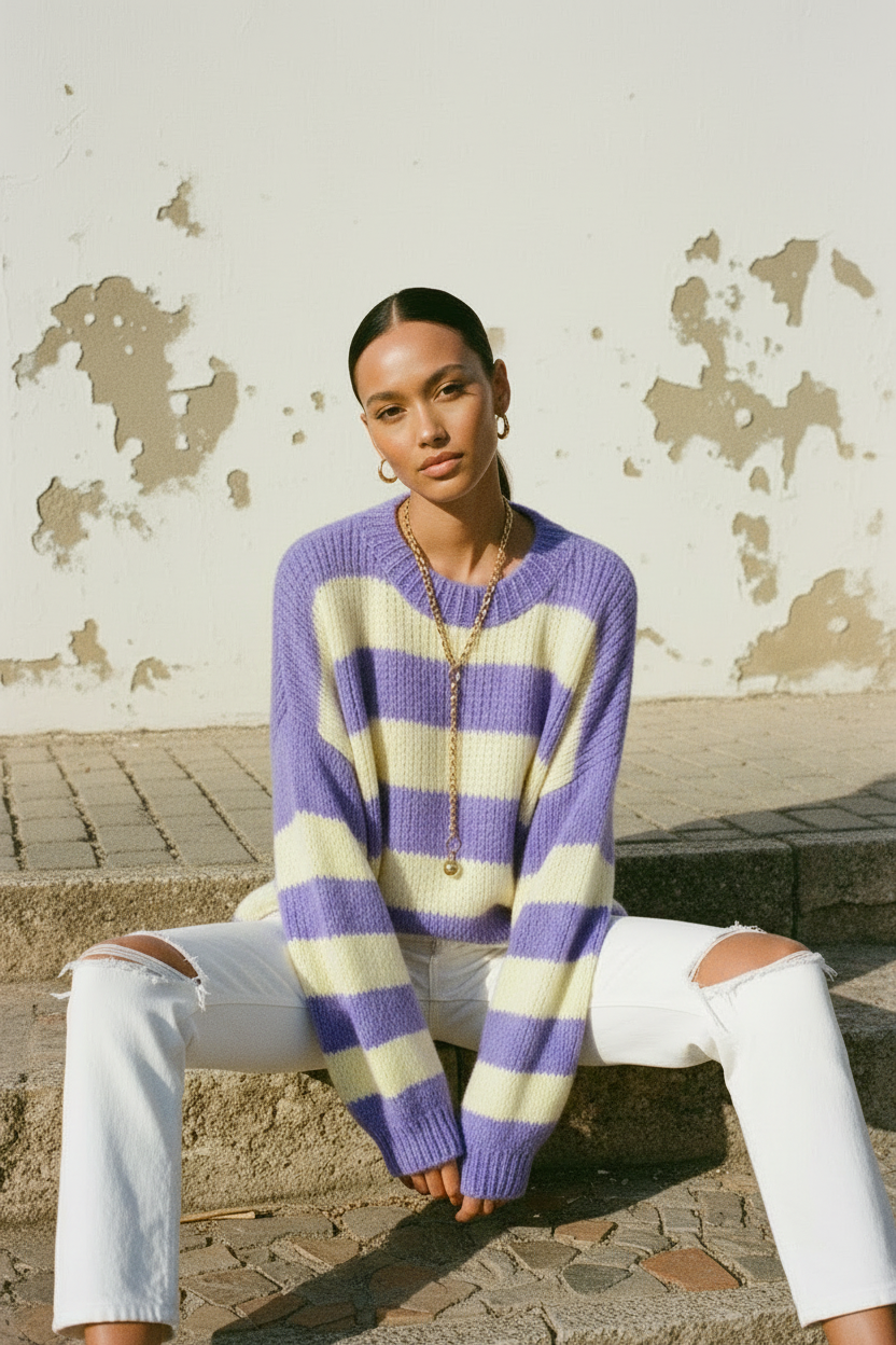 Oversized Pullover Lila Gelb – Mannequin Seitenansicht, heller Holzständer