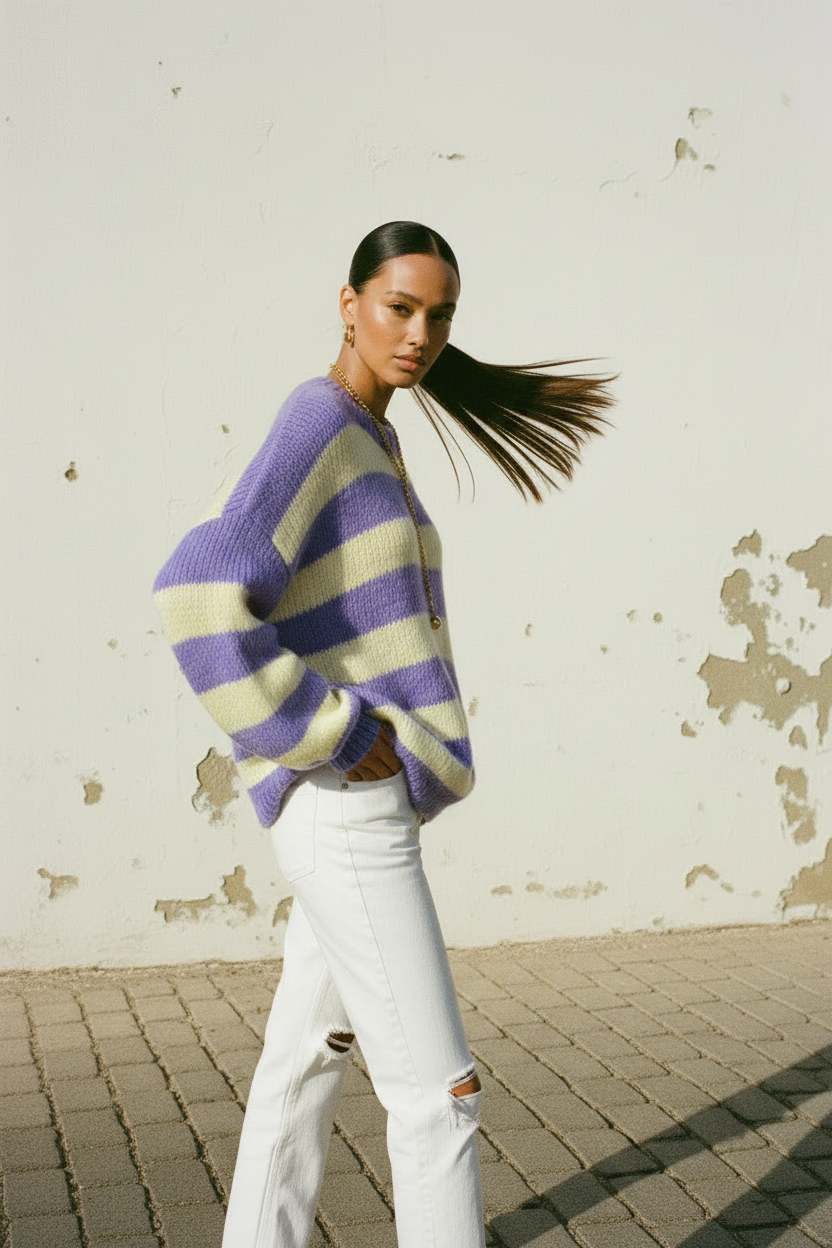 Oversized Pullover Lila Gelb – Mannequin Rückenansicht