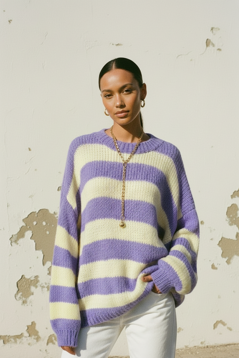 Oversized Pullover Lila Gelb – Detail Shot Schulterpartie