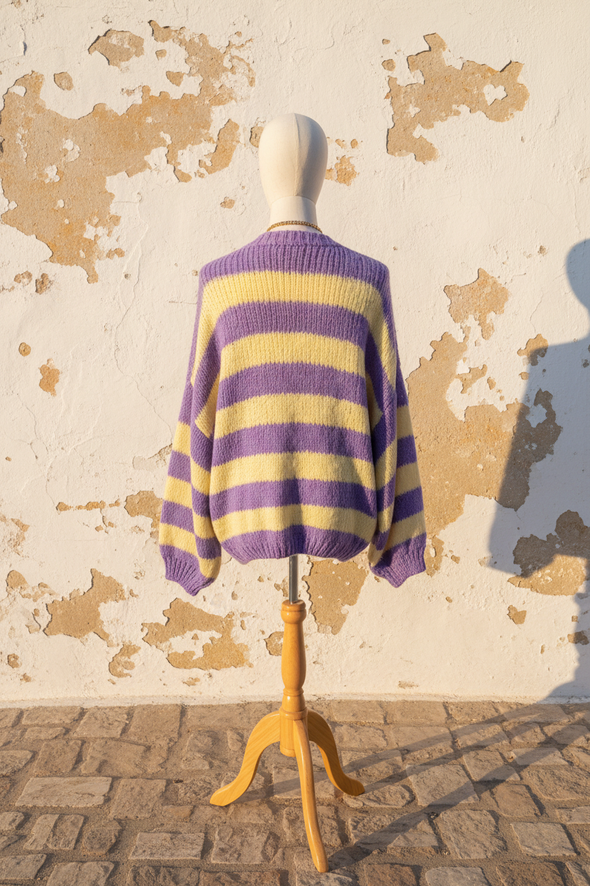 Oversized Pullover Lila Gelb – Flat Lay auf mediterranem Hintergrund
