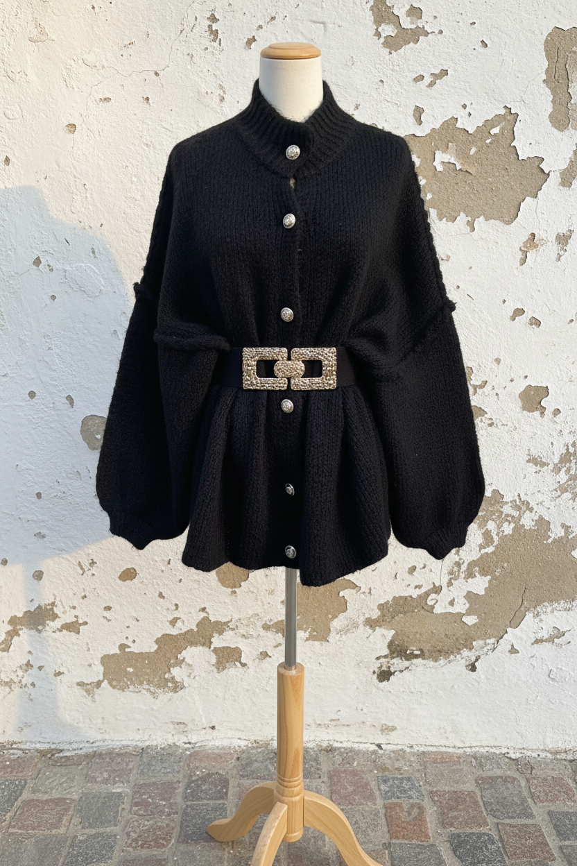 Oversized Cardigan Schwarz – Model frontal gehend mit Gürtel