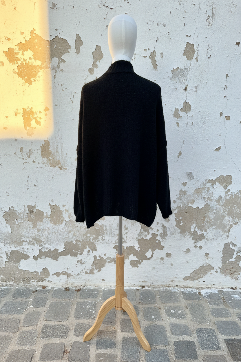 Oversized Cardigan Schwarz – Model Nahaufnahme Gesicht und Knöpfe mit Gürtel