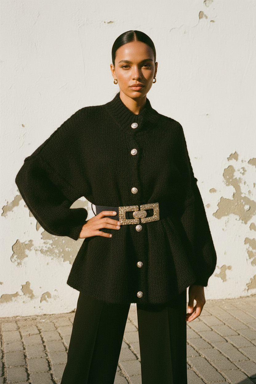 Oversized Cardigan Schwarz – Model frontal Arme verschränkt ohne Gürtel