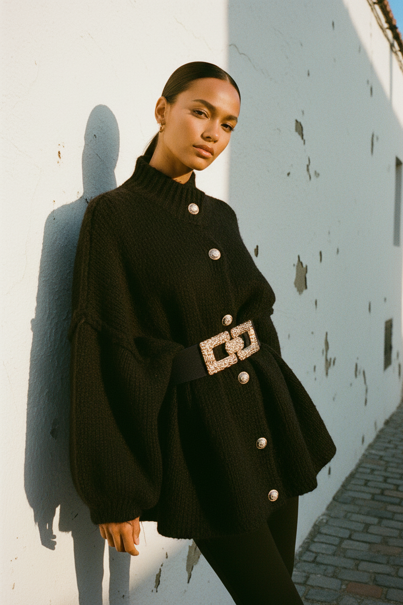 Oversized Cardigan Schwarz – Model Seitenansicht gehend ohne Gürtel