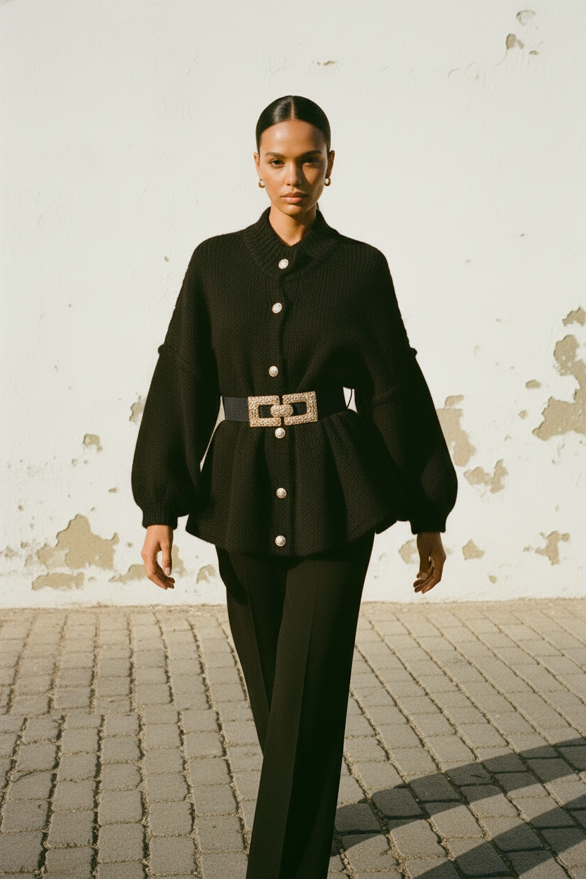 Oversized Cardigan Schwarz – Model frontal stehend ohne Gürtel