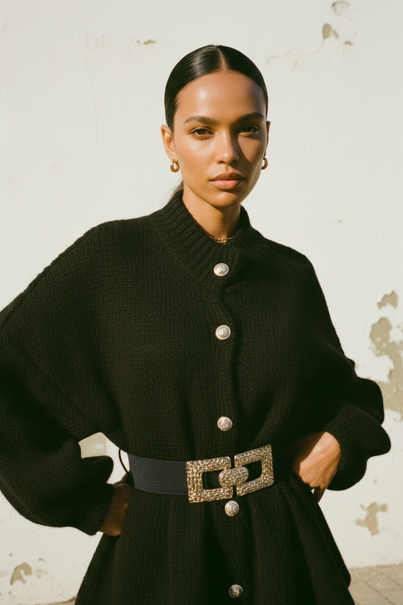 Oversized Cardigan Schwarz – Model frontal Hand auf Hüfte Goldknöpfe