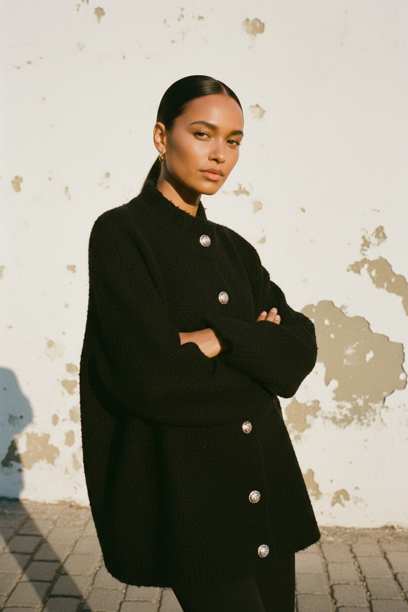 Oversized Cardigan Schwarz – Model seitlich Seitenansicht Goldknöpfe