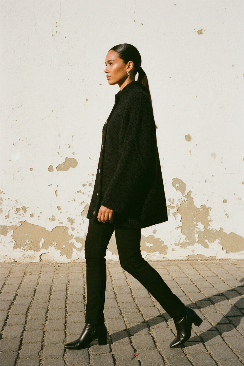 Oversized Cardigan Schwarz – Detail Goldknöpfe Nahaufnahme