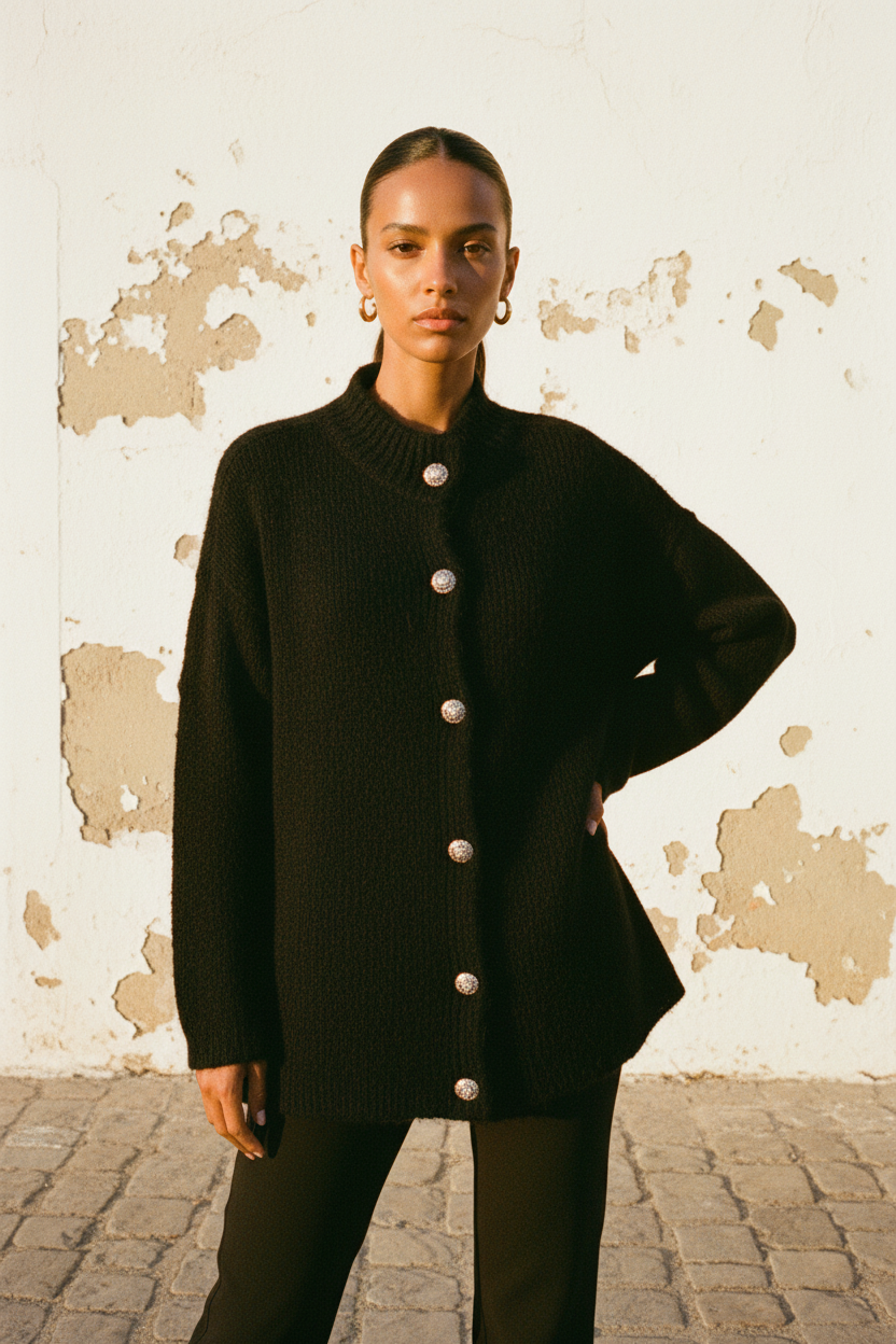 Oversized Cardigan Schwarz – Model Rückenansicht