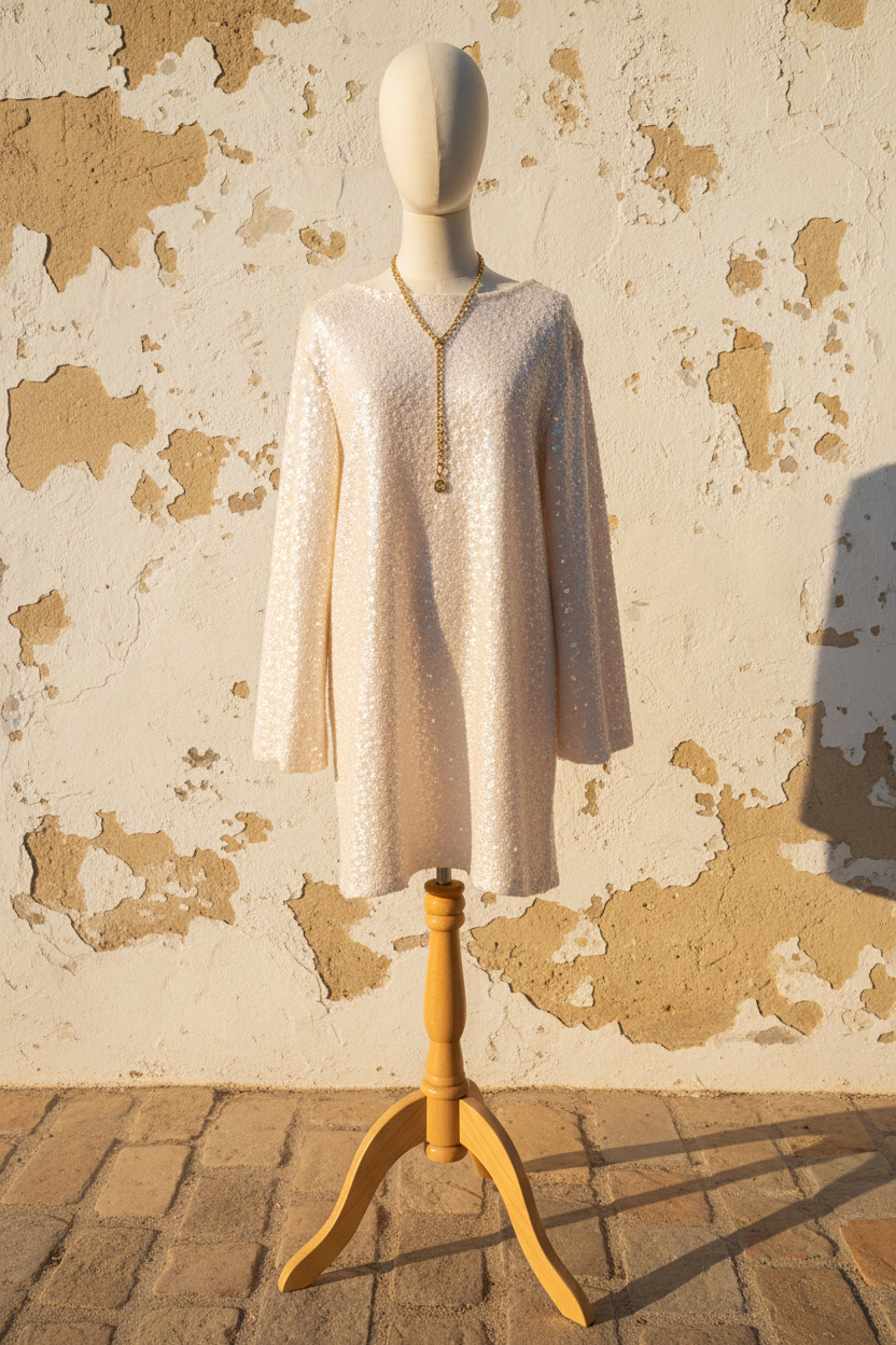 Pailletten Kleid Beige – Mannequin frontal auf hellem Holzständer