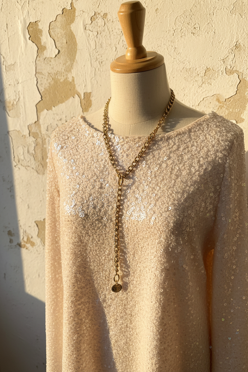 Pailletten Kleid Beige – Detailaufnahme Pailletten & Goldkette