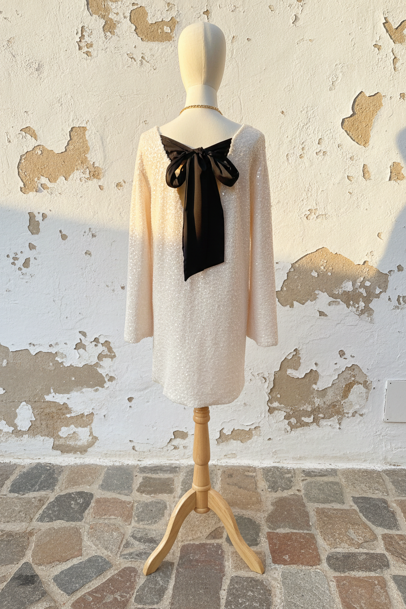 Pailletten Kleid Beige – Rückenansicht schwarze Satin-Schleife auf Mannequin