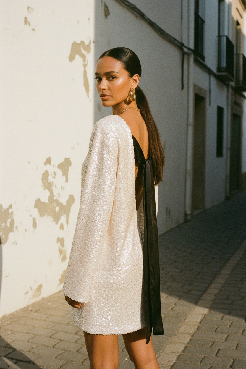 Pailletten Kleid Beige – Model seitlich mit schwarzer Rückenschleife