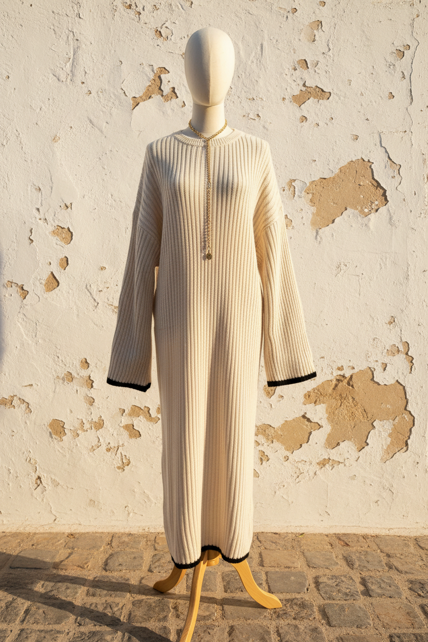 Cremefarbenes Rippstrickkleid Maxi - Model Rückenansicht