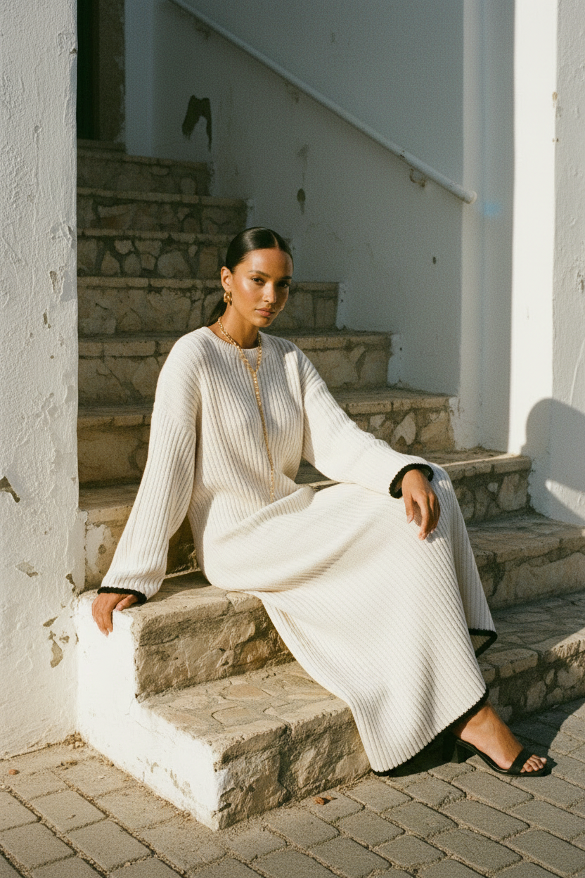 Cremefarbenes Rippstrickkleid Maxi - Model Seitenansicht