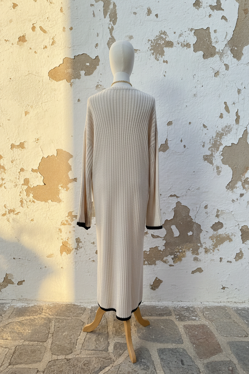 Cremefarbenes Rippstrickkleid Maxi - Model mit Tasche
