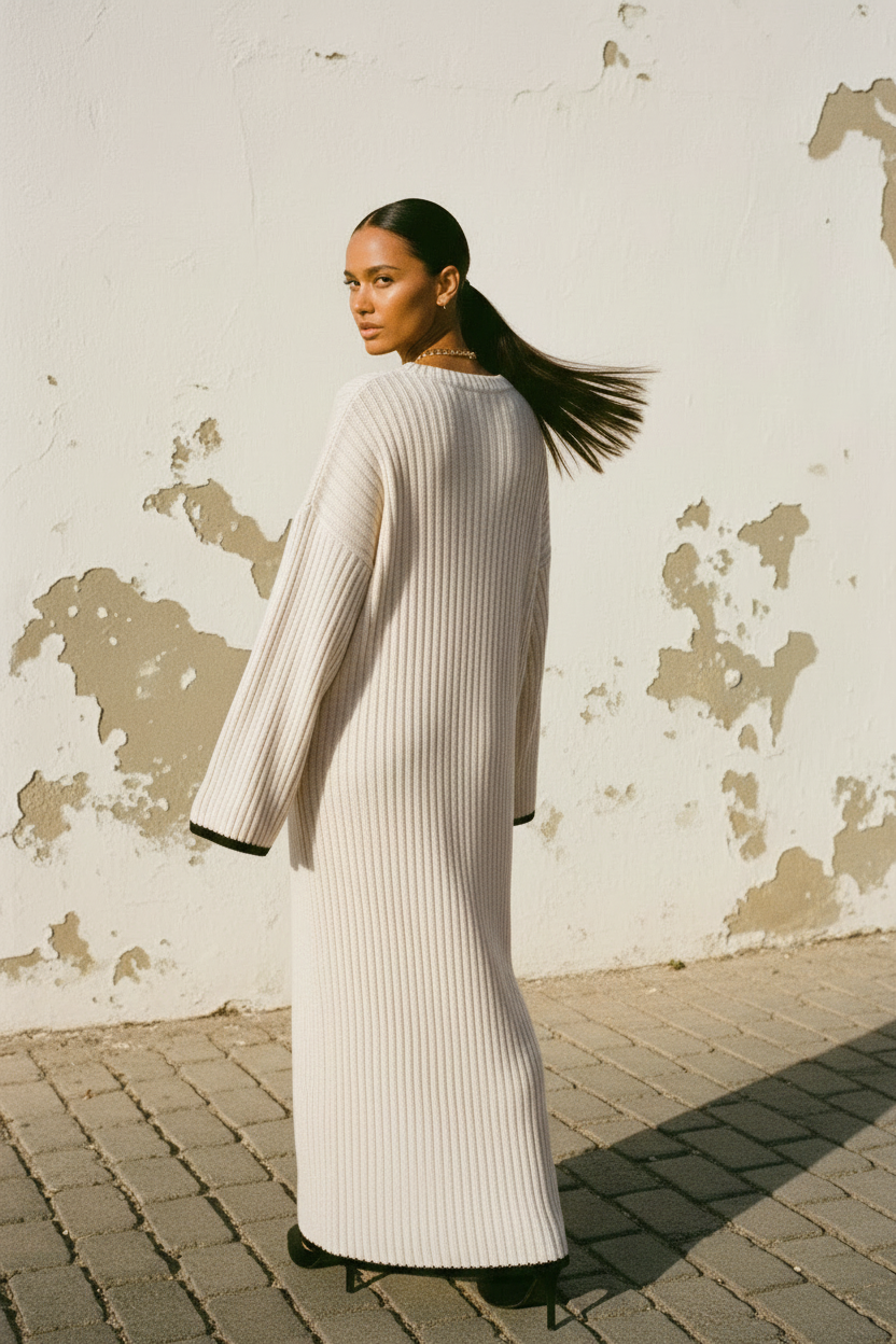 Cremefarbenes Rippstrickkleid Maxi - Mannequin Rückenansicht