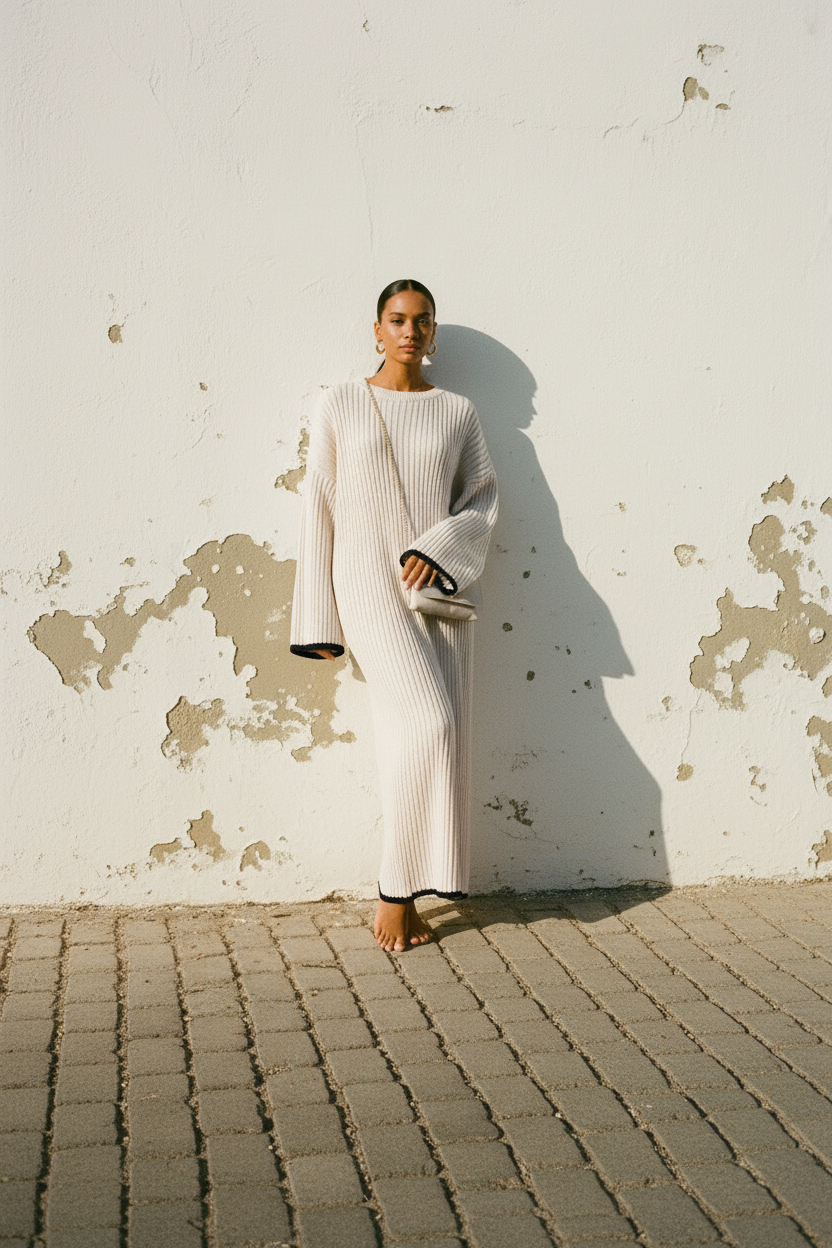 Cremefarbenes Rippstrickkleid Maxi - Lookbook