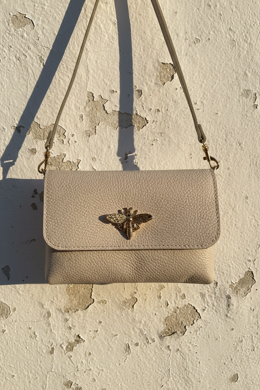 Bee Bag – Model trägt Crossbody mit cremem Strickkleid