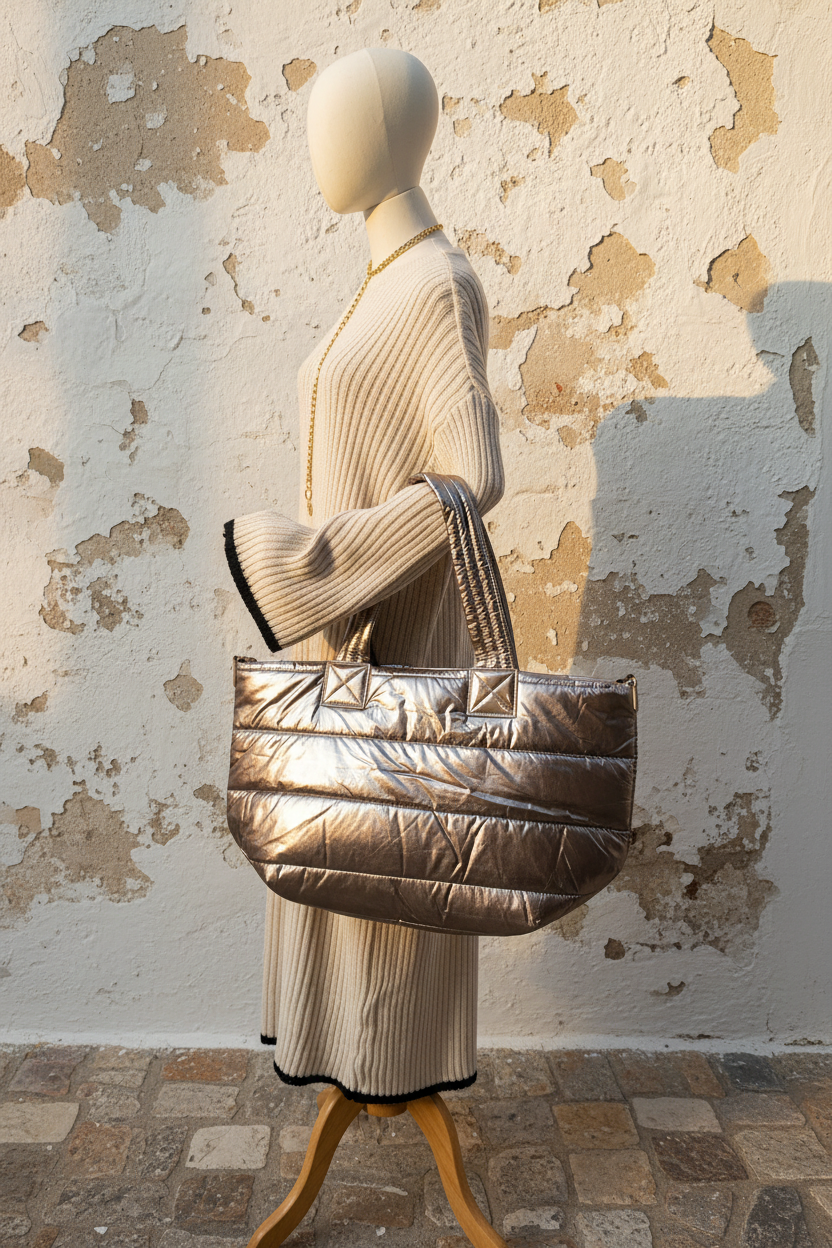 Metallic Puffer Shopper – Model Seitenansicht cremefarbenes Strickkleid