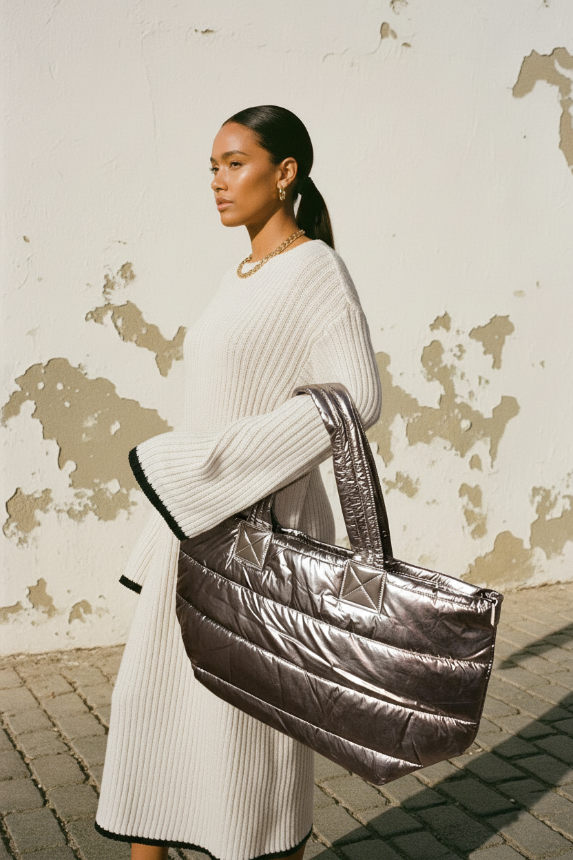 Metallic Puffer Shopper – Model von hinten im Maxi-Kleid