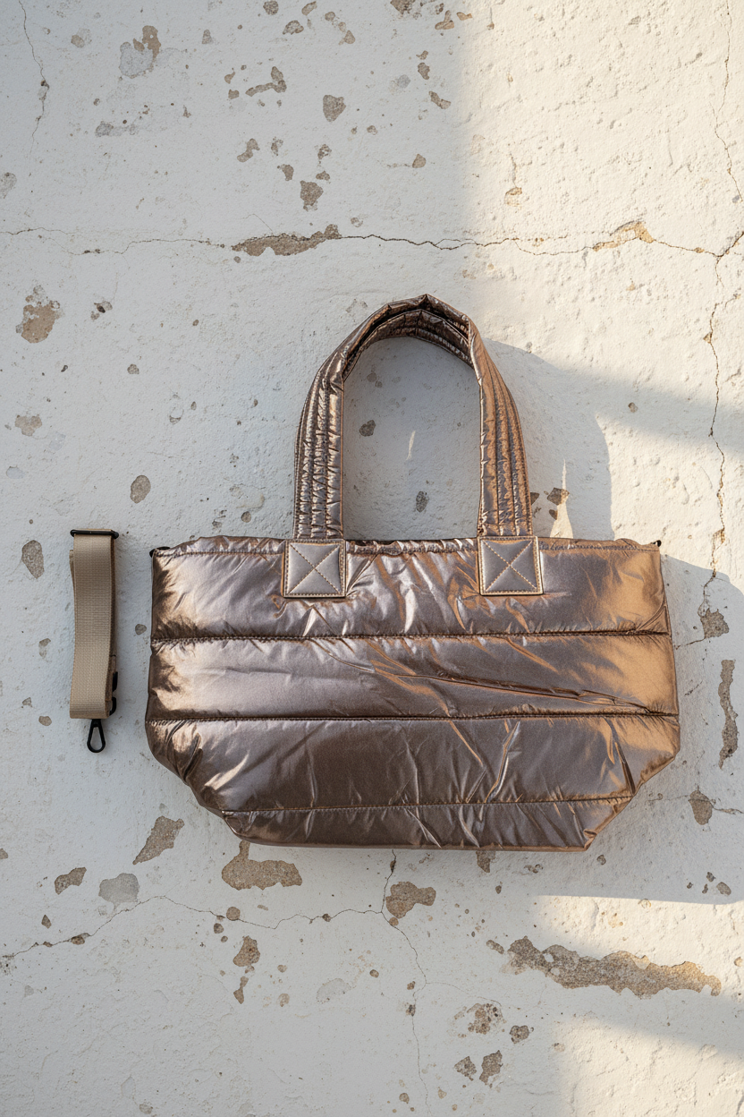 Metallic Puffer Shopper – Detail Henkel und Steppnähte