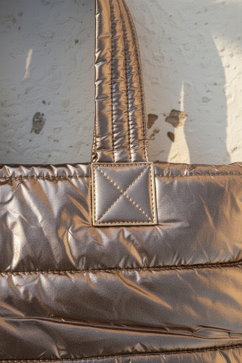 Metallic Puffer Shopper – Model Walking Shot schwarzes Outfit