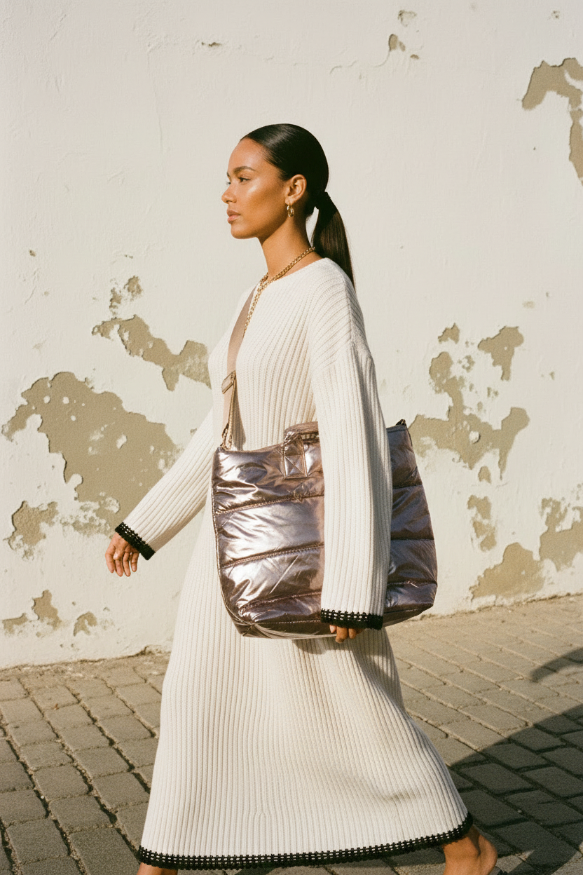 Metallic Puffer Shopper – Lookbook Shot