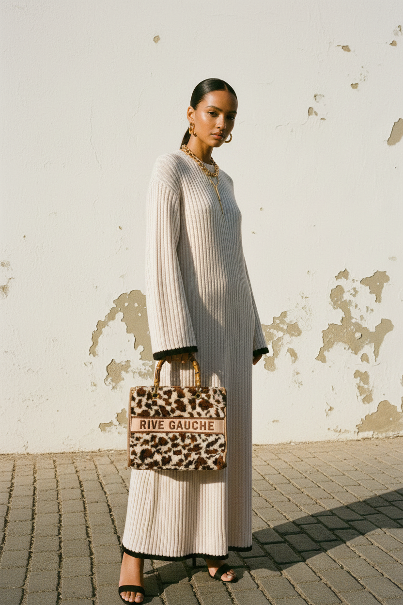 Rive Gauche Bag – Model hält Tasche in cremefarbenem Strickkleid