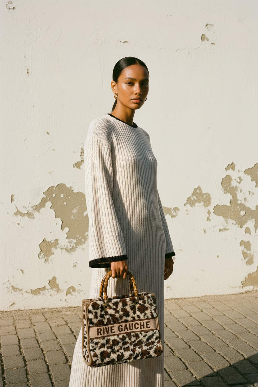 Rive Gauche Bag – Flat Lay auf Leo-Stoff mit Sonnenbrille