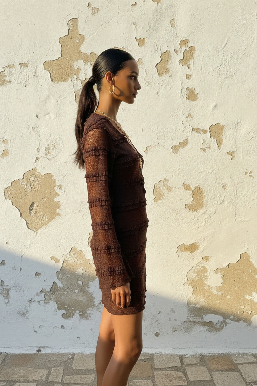 Braunes Spitzenkleid – Model walking seitlich an der Wand