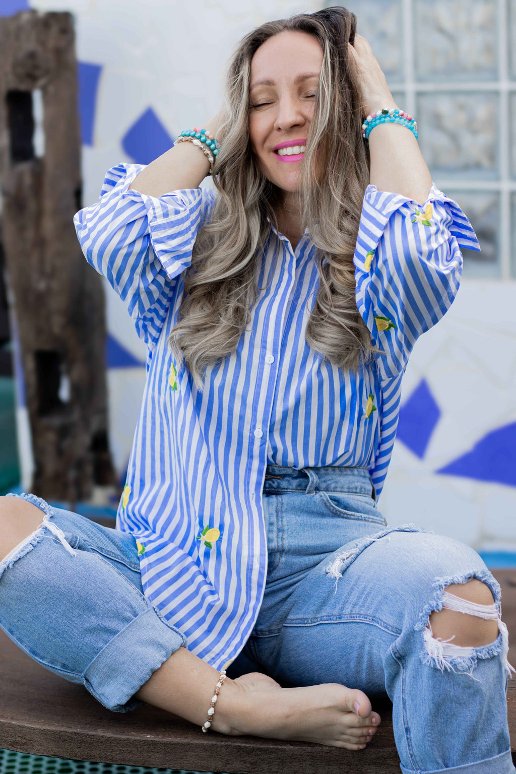 Oversize Bluse „Limone“ — Blau-Weiß & Zitronen