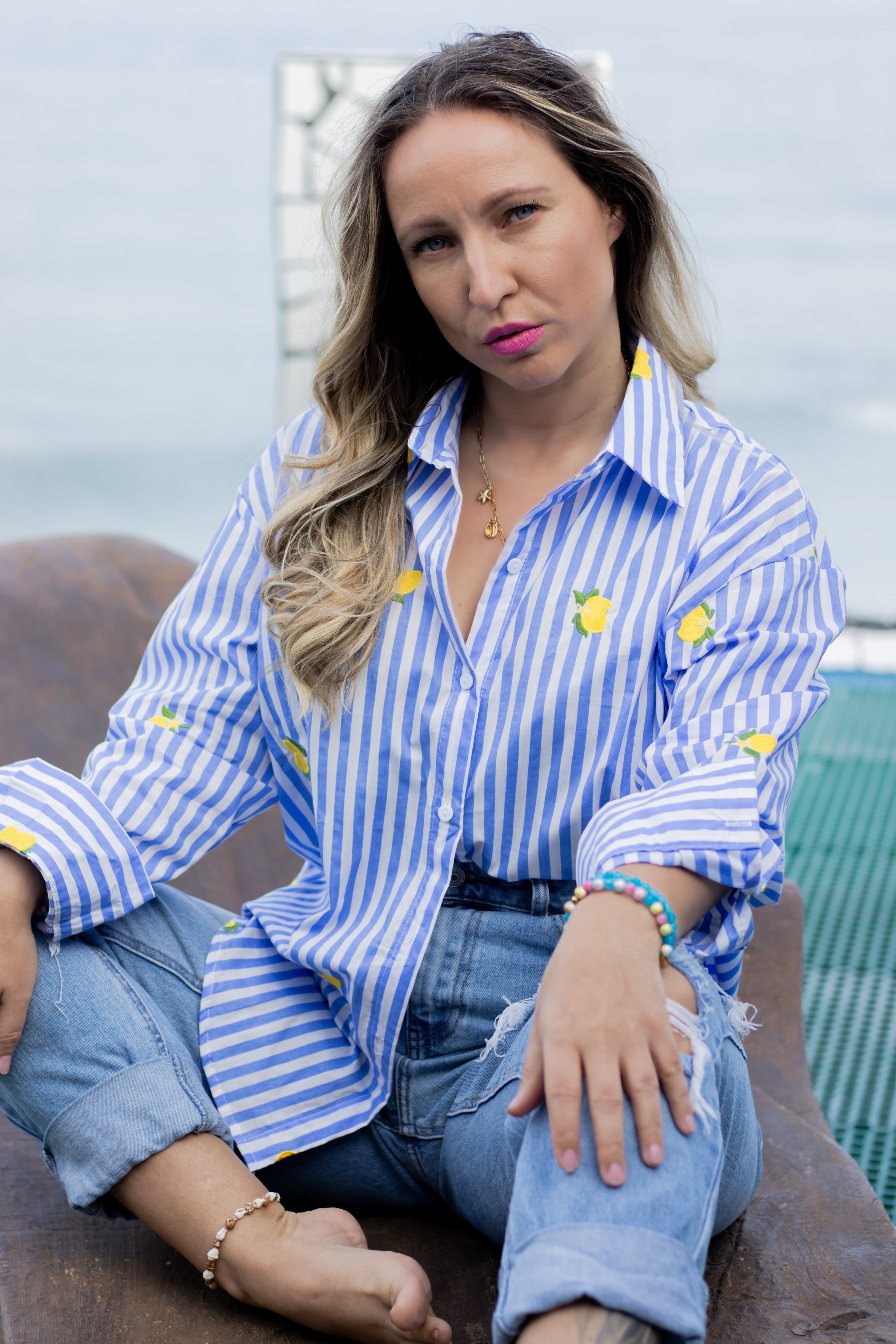 Oversize Bluse „Limone“ — Blau-Weiß & Zitronen – LACLARA mediterrane Mode
