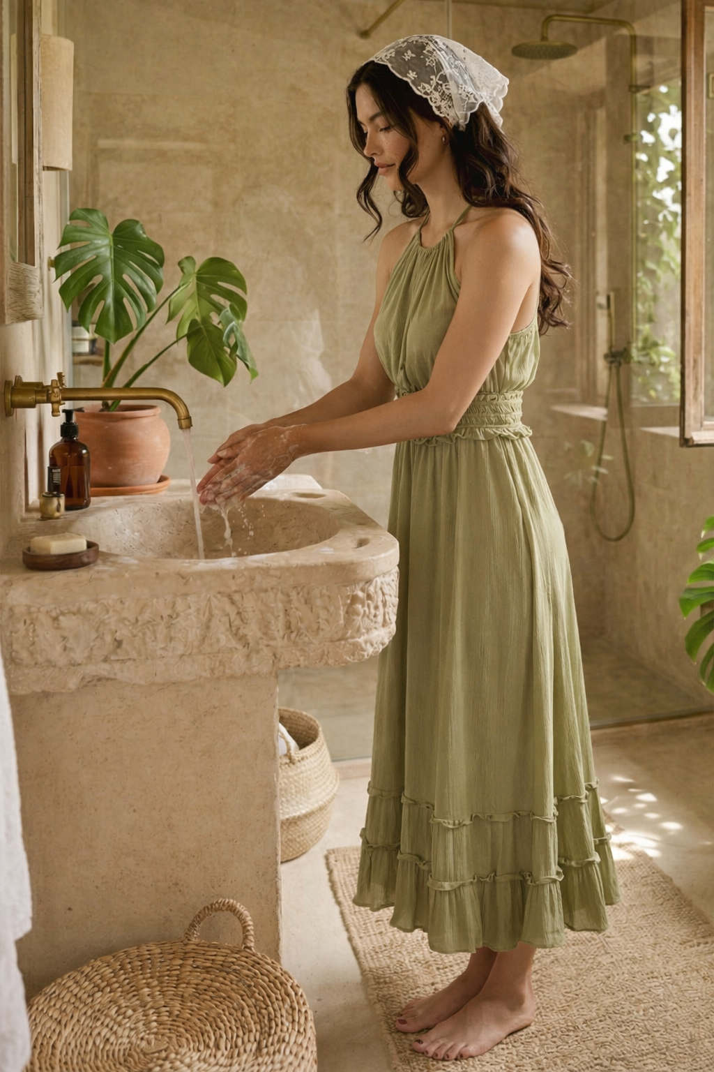 Viskose Sommerkleid mit Rückenausschnitt — Khaki – LACLARA mediterrane Mode