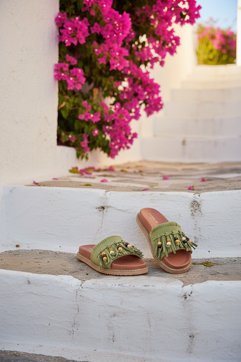 Boho Sandalen Grün mit Fransen & Perlen – LACLARA mediterrane Mode