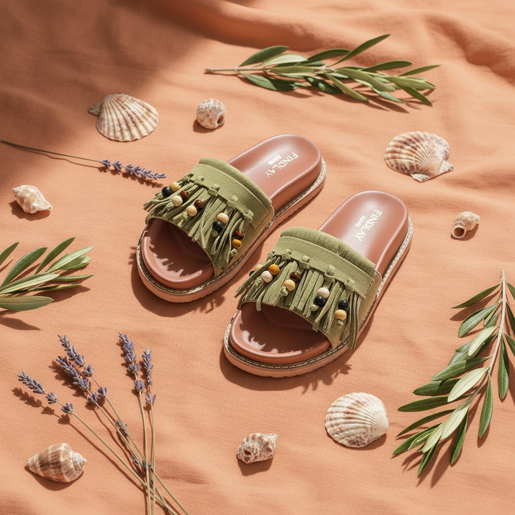 Boho Sandalen Grün mit Fransen & Perlen – LACLARA mediterrane Mode