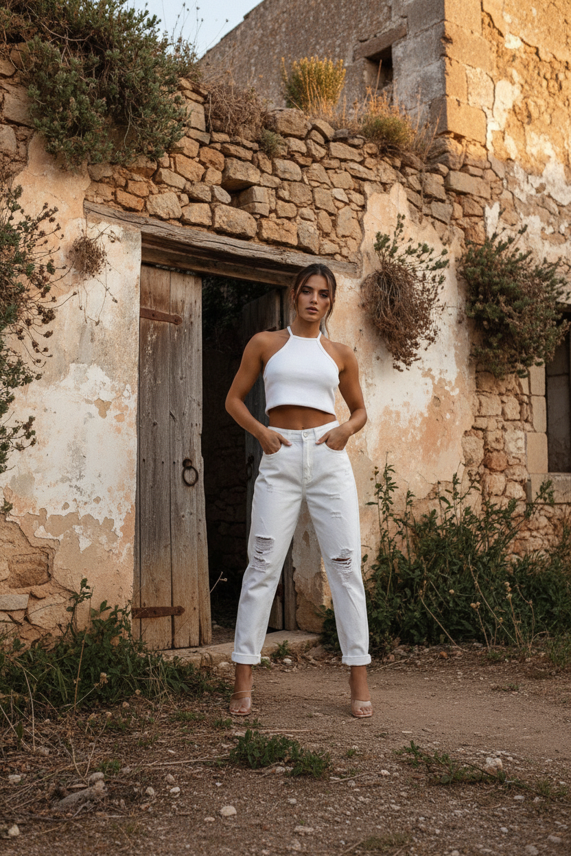 White Ripped Mom Jeans – Produktfoto an Steinmauer