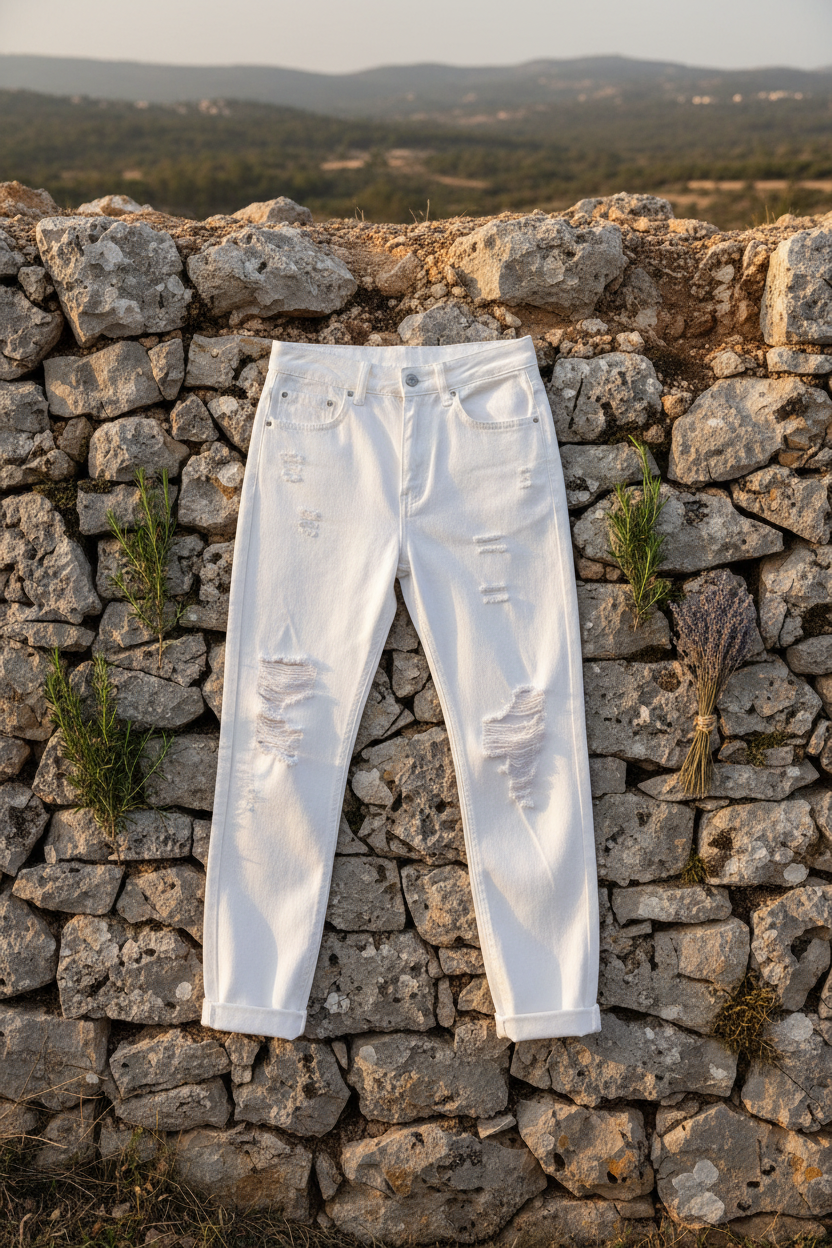 White Ripped Mom Jeans – Model auf Treppe