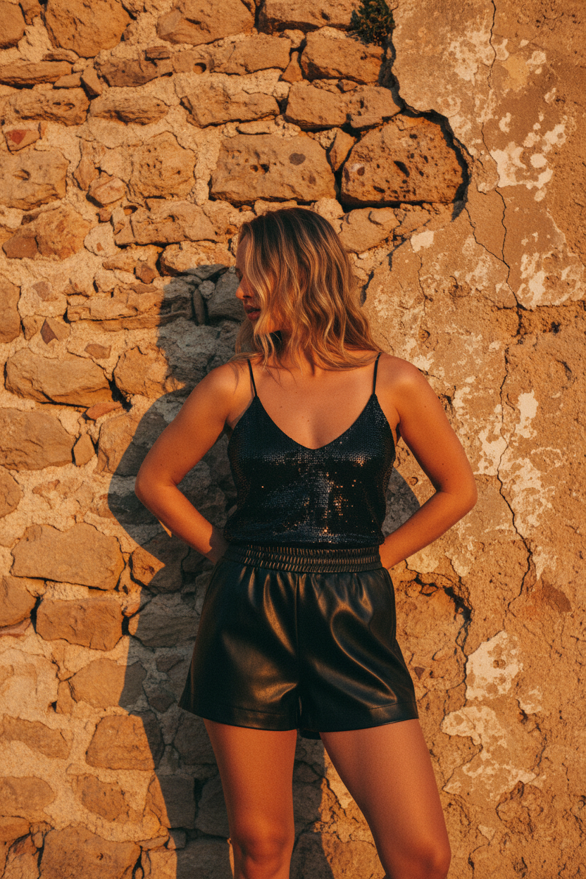 Kunstleder Shorts Schwarz mit Gummibund – LACLARA mediterrane Mode