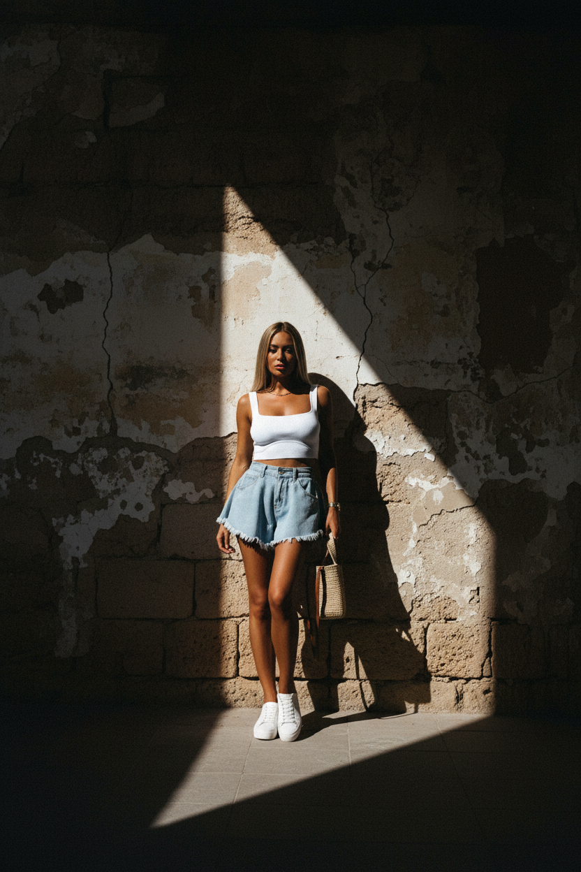 Denim Shorts Hellblau mit Fransen – LACLARA mediterrane Mode