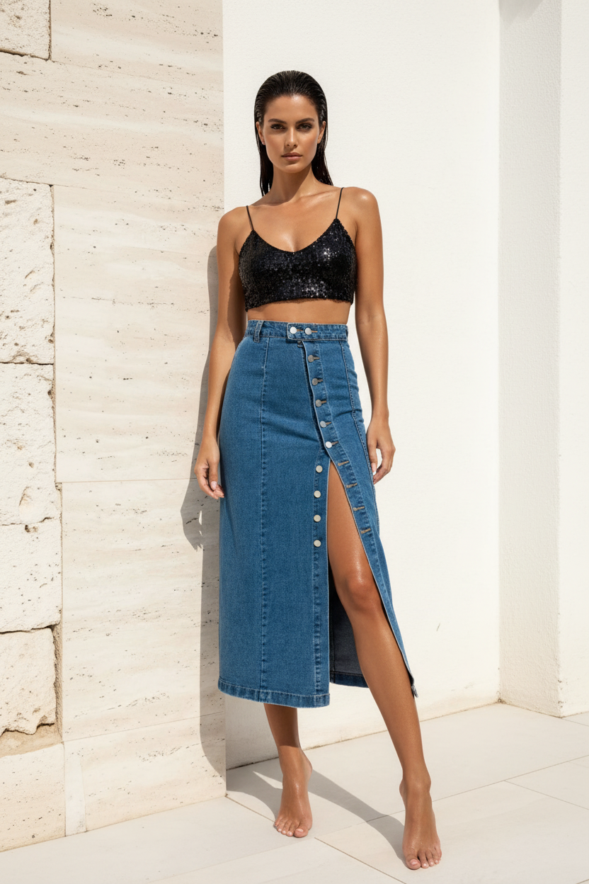 Blauer Denim Maxi-Rock mit Knopfleiste & Schlitz – LACLARA mediterrane Mode
