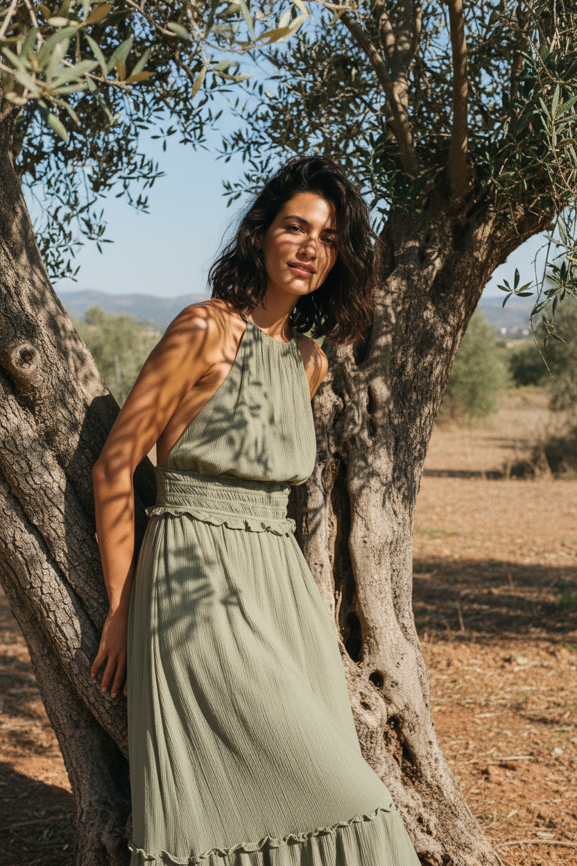 Viskose Sommerkleid mit Rückenausschnitt — Khaki – LACLARA mediterrane Mode