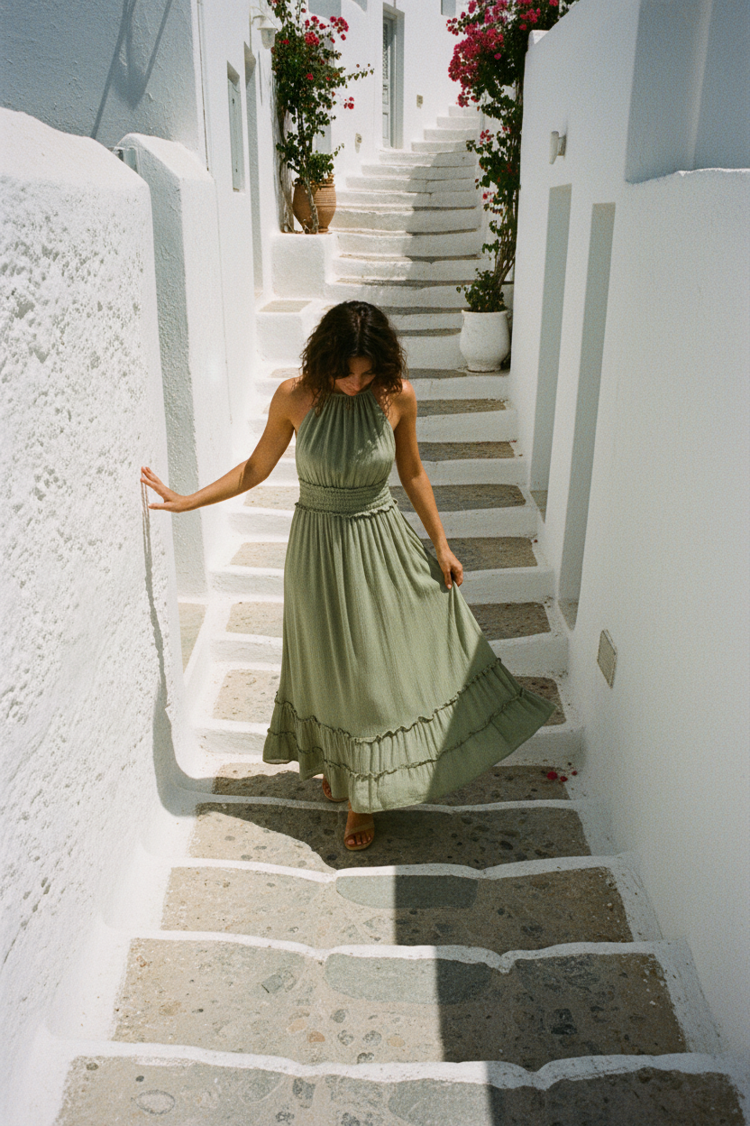Viskose Sommerkleid mit Rückenausschnitt — Khaki – LACLARA mediterrane Mode