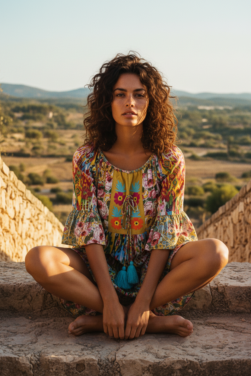 Boho Minikleid Off-Shoulder Multicolor mit Quasten – LACLARA mediterrane Mode